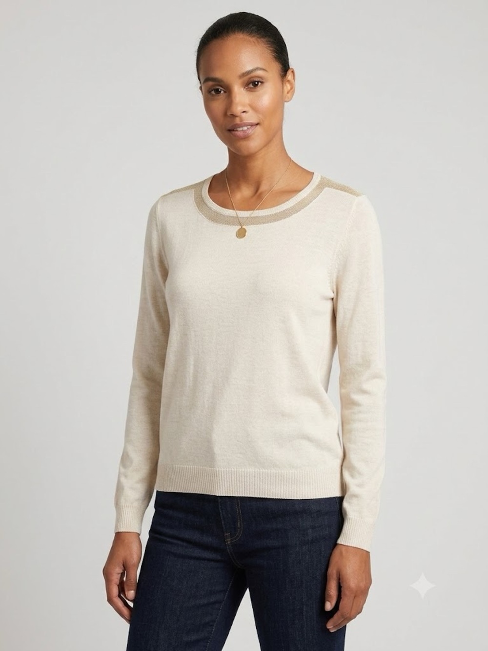 Tibi 100% Wool Crewneck Sweater, Mesh Panel Detail, Beige, Large, Quiet Luxury